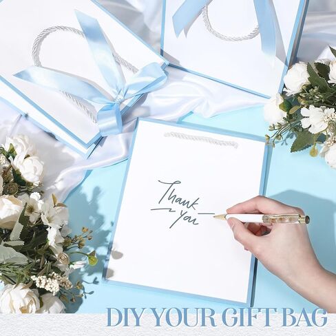 Silkfly 12 Pcs Thank You Gift Bags with Handles Elegant Gift Bags with Bow Ribbon for Wedding Bridal Baby Shower Birthday Party Housewarming(White, Light Blue) in Saudi Arabia