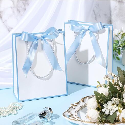 Silkfly 12 Pcs Thank You Gift Bags with Handles Elegant Gift Bags with Bow Ribbon for Wedding Bridal Baby Shower Birthday Party Housewarming(White, Light Blue) in Saudi Arabia