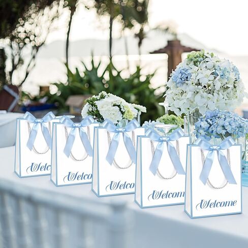 Silkfly 12 Pcs Thank You Gift Bags with Handles Elegant Gift Bags with Bow Ribbon for Wedding Bridal Baby Shower Birthday Party Housewarming(White, Light Blue) in Saudi Arabia