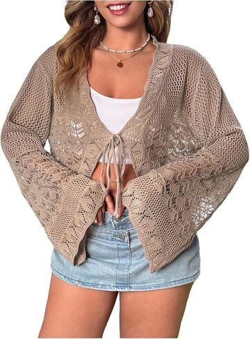 Floerns Women's Plus Size V Neck Long Flounce Sleeve Tie Front Knit Crop Cardigan in Kuwait
