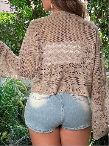 Floerns Women's Plus Size V Neck Long Flounce Sleeve Tie Front Knit Crop Cardigan in Kuwait