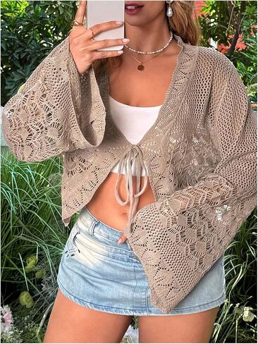 Floerns Women's Plus Size V Neck Long Flounce Sleeve Tie Front Knit Crop Cardigan in Kuwait