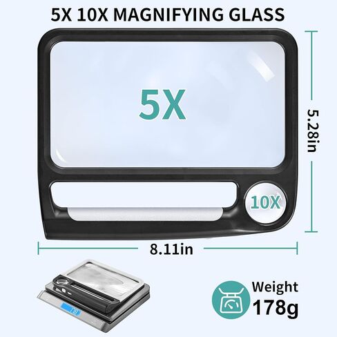 JARLINK 5X 10X Large Magnifying Glass for Reading, Rechargeable Magnifier with 3 Light Modes, 48 Adjustable LED Lights, Lightweight Handheld Magnifier for Seniors & Low Vision Readers, Black in Saudi Arabia