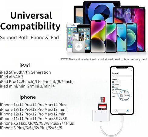 SD Card Reader for iPhone, SD & Micro SD Dual Slots Memory Card Reader for iPad, Plug and Play Trail Game Camera SD Card Viewer, Digital Camera SD Card Adapter, No App Required in Saudi Arabia