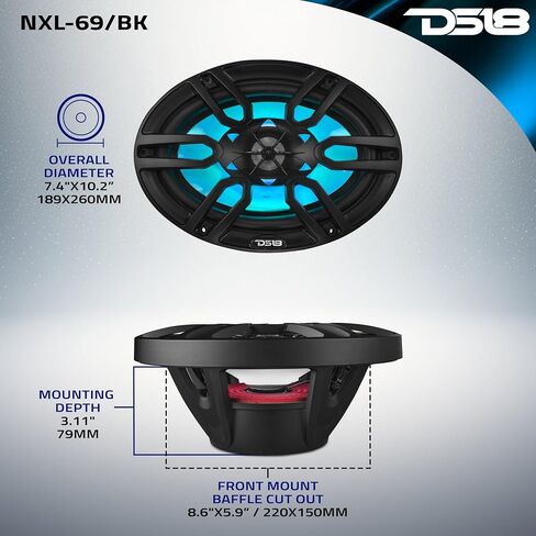 DS18 HYDRO NXL-6 - High End Coaxial Speaker Pair - 2-Way Marine Speaker w/Integrated RGB Lights - 300 Watt - 100% UV Stable - Water Resistant Speakers - 6.5 Inches, Black in Kuwait