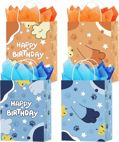 NaFurAhi 16Pcs Blue Orange Dog Birthday Party Favor Bags with Tissue Papers, Dog Paw Print Gift Bags with Handles, Kraft Candy Treat Goodie Bags for Birthday Baby Shower Decorations Supplies in Saudi Arabia