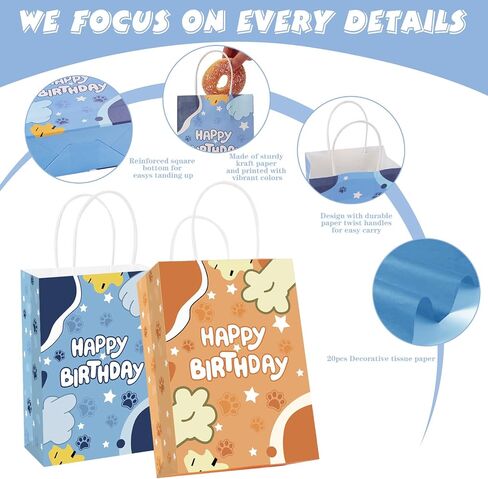 NaFurAhi 16Pcs Blue Orange Dog Birthday Party Favor Bags with Tissue Papers, Dog Paw Print Gift Bags with Handles, Kraft Candy Treat Goodie Bags for Birthday Baby Shower Decorations Supplies in Saudi Arabia