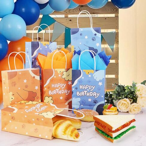 NaFurAhi 16Pcs Blue Orange Dog Birthday Party Favor Bags with Tissue Papers, Dog Paw Print Gift Bags with Handles, Kraft Candy Treat Goodie Bags for Birthday Baby Shower Decorations Supplies in Saudi Arabia