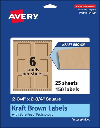 Avery Kraft Brown Square Labels مع تغذية مؤكدة ، 2.75 "× 2.75" ، 300 ملصقات من Kraft Brown ، ملصقات طباعة للطباعة والليزر/الحبر القابلة للطباعة in Kuwait