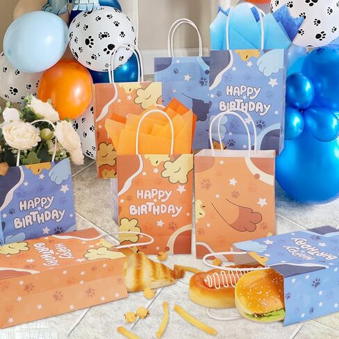 NaFurAhi 16Pcs Blue Orange Dog Birthday Party Favor Bags with Tissue Papers, Dog Paw Print Gift Bags with Handles, Kraft Candy Treat Goodie Bags for Birthday Baby Shower Decorations Supplies in Saudi Arabia