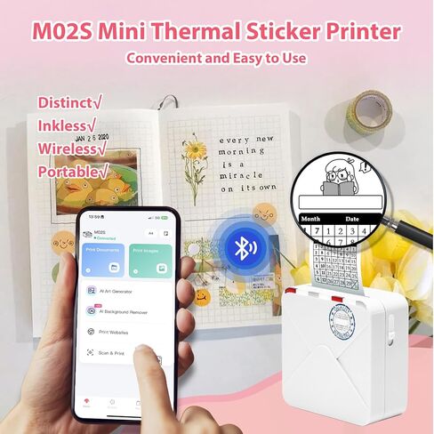 Mini Pocket Printer - M02S Upgrade 304DPI Wireless Bluetooth Thermal Sticker Printer, Compatible with iOS and Android, Print 3 Size Papers, Inkless Sticker Maker for Notes, Photo, Journal, Gifts in Kuwait