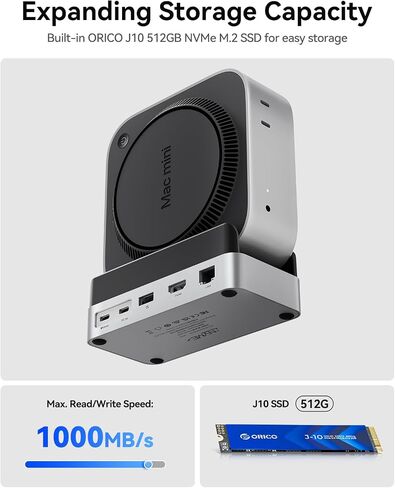 ORICO MiniDock and Stand Compatibility with Mac Mini M4, 9-in-1 Aluminum Hub with 1TB NVMe M.2 SSD, 10Gbps USB-C & USB-A, 4K HDMI, Gigabit Ethernet, SD/TF Card Readers in Kuwait