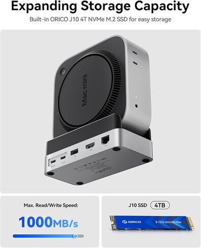 ORICO MiniDock and Stand Compatibility with Mac Mini M4, 9-in-1 Aluminum Hub with 1TB NVMe M.2 SSD, 10Gbps USB-C & USB-A, 4K HDMI, Gigabit Ethernet, SD/TF Card Readers in Kuwait