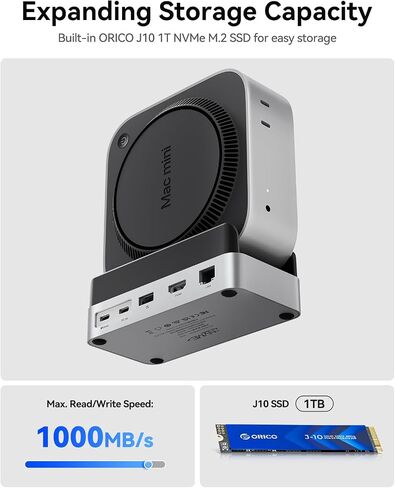 ORICO MiniDock and Stand Compatibility with Mac Mini M4, 9-in-1 Aluminum Hub with 1TB NVMe M.2 SSD, 10Gbps USB-C & USB-A, 4K HDMI, Gigabit Ethernet, SD/TF Card Readers in Kuwait