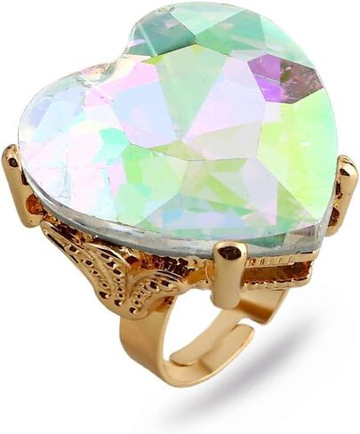 Mnyixsi Fashion Multi Color Big Crystal Heart Ring for Women, Open Adjustable Design Colorful Thick Heart Wedding Statement Ring, Shiny CZ Crystal Love Romantic Engagement Promise Ring Style 2 in Kuwait