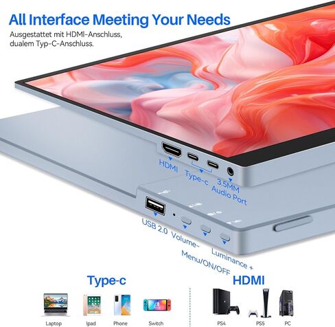 Portable Monitor 15.6" FHD 1080P USB C HDMI Gaming Slim IPS Monitor with Built-in Speakers, HDR Plug and Play for Laptop Phone Mac External Monitor in Saudi Arabia