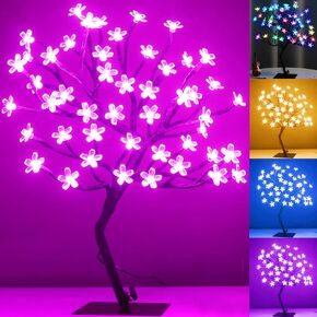 Pooqla 18 Inch 48 LED RGB Cherry Blossom Tree Light with Remote 16 Color-Changing LED Artificial Flower Bonsai Tree Table Top Lamp Home Lit Tree Centerpieces Christmas Valentine's Day Decor