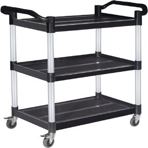Plastic Utility Cart with Wheels Lockable, Heavy Duty Restaurant Cart, Service Cart for/Home/Office/Warehouse/Kitchen/Workshop,390 Lbs,2 Handles, Black.