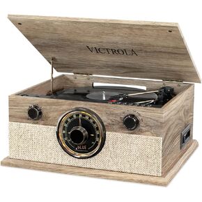 Victrola Brookline Style 6-in-1 Bluetooth Record Player & Multimedia Center with Built-in Speakers - 3-Speed Turntable, CD & Cassette Player, FM Radio, Wireless Music Streaming, Farmhouse Oatmeal
