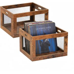 MOOACE Vinyl Record Storage Box, 2 Pack Wooden Record Holder Organizer, Vinyl Albums Storage Box, Rustic Cube Storage Crate for LP Record Album Collection