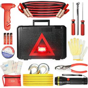 Car Emergency Kit, Roadside Emergency Car Kit with Warning Light Reflective Triangle, Jumper Cable, Tow Strap, Flashlight, First Aid Kit, Tire Pressure Gauge, Safety Hammer Car Tool Kit