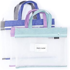 Student Book Pouches with Handle Mesh Zipper Bags with Clear Name Card Suit for A4 Files Books, Set of 4, 4 Colors (185/4PCS)