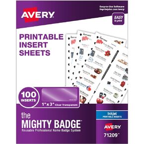 The Mighty Badge by Avery, 1" x 3" Inserts for Name Tags, 100 Clear Inserts for Laser Printers Only (71210)