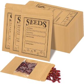 100pcs Seed Saving Envelopes with Clear Window, 4.7x3.1 Inch Reusable Seed Kraft Storage Organizer Packets Envelopes for Flower Vegetable Plants Garden Seeds Saving & Collecting