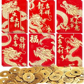 36 Pcs Chinese Red Envelopes Lucky Money Envelopes 2025 Chinese New Year Snake Year Envelope and 60 Pieces Chinese Feng Shui Coins Good Luck Fortune Coin I-Ching Coin for Health and Wealth, Medium
