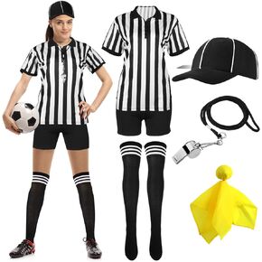 Women Referee Costume Black and White Stripe Ref Shirt Jersey Shorts Referee Hat for Carnival Party Halloween Cosplay Party