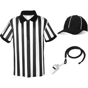 Halloween Kids Referee Costume Set White Black Stripe Umpire Jersey Overturned Collar Referee Shirt Stainless Steel Whistle with Lanyard Hat for Basketball Football Soccer