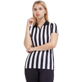 FitsT4 Sports Women's Official Black & White Stripe Referee Shirt Pro Uniform Jersey Short Sleeve Waitresses Costume