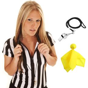 3 Pcs Women's Official Black & White Stripe Referee Shirt Zipper Collared V-Neck Referee Jersey ,Ref Whistle ,Yellow Penalty Flag for Basketball Football Soccer Refs Christmas Waitresses & Costume