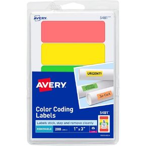 Avery Removable Print or Write Color Coding Labels, 1 x 3 Inches, 200 Labels (5481)