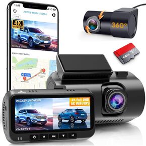 Smart Dash Cam GPS APP: 4K 2160P USB Easy Install 5G WiFi Front Rear Car Camera Night Vision Loop Recording 3.16’’ Screen Mini Dashcams 64GB Card 24H Parking Monitor 170°Wide View DoHonest ZD72