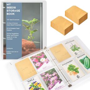 Seed Packet Organizer Kit - 100Pcs Seed Storage Envelopes, 1 Binder with 25 Pack Clear Sheet Protectors (4 Pockets Each, Slot Size 3.9" x 5.2"), Fit for Standard Seed Packets - Green