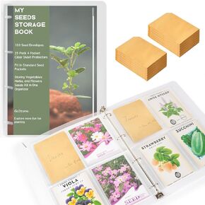 Seed Packet Organizer Kit - 100Pcs Seed Storage Envelopes, 1 Binder with 25 Pack Clear Sheet Protectors (4 Pockets Each, Slot Size 3.9" x 5.2"), Fit for Standard Seed Packets - Green
