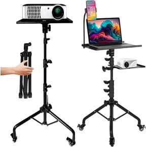 Projector Stand - Projector Tripod Stand Adjustable Height 26 to 51" For Movie, Meeting, Book, DJ Equipment – Wheely Portable Laptop Stand With 2 Trays & Gooseneck Phone Holder