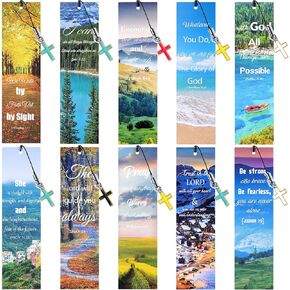 20 Pieces Bible Verses Inspirational Scripture Bookmark Motivational Positive Page Marker with Cross Pendants for Church Supplies, Schools and Ministries (Scenery Style)