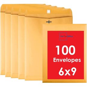1InTheOffice Brown Envelopes 6x9, Manilla Envelopes with Clasp, Gummed Flaps, 100/Box