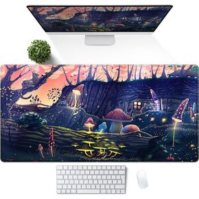Anime Forest Desk Mat,Cute Green Mouse Pad,Kawaii Aesthetic Full Desktop Pad XXL Gaming Mousemat XL, Extended Korean Animals Bear Bunny Keyboard Mat Large 31.5x15.7 Inch Non-Slip&Stitched Edges