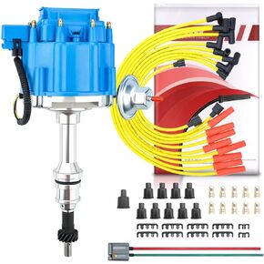 MAS HEI Ignition Distributor 65K Volt & Spark Plug Wire & Free Pigtail Wiring Harness Replacement for SBF Ford Small Block 260 289 302 1030213 PE330U（Blue Racing Kit)