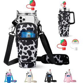 Water Bottle Carrier Bag with Phone Pocket for Stanley 40oz Tumbler with Handle Neoprene Water Bottle Holder Pouch with Adjustable Strap Bollus with Straw Cover & Carabiner for Stanley