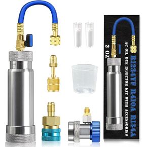R1234YF & R134A AC Oil Dye Injector Kit with 2 Snap Quick Couplers 2 Oil Checkers 2oz Measuring Cup