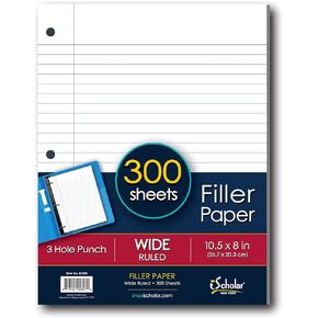 iScholar Wide Ruled Filler Paper, White, 10.5 x 8-Inches, White, 300 Sheets per Pack (81300)