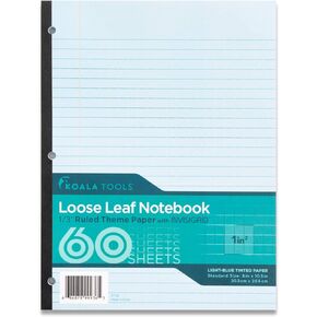 Koala Tools | Loose Leaf Notebook 1/3" (Wide) Ruled Theme Paper with Invisigrid - Light-Blue Tinted Paper - 60 Sheets - 10.5" x 8" - 3 Hole Punched, Tape Bound Notebook