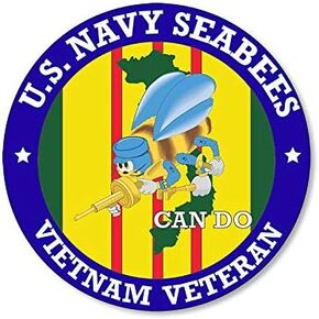 Round US Navy Seabees Vietnam Veteran Sticker (Naval Construction Vet Served, Vinyl Decal) (3 inch) USN Licensed