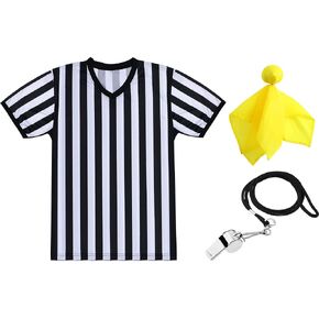 Men's Official Uniform Black and White Stripe Pro-Style V-Neck Referee Shirt, Officiating Umpire Jersey and Stainless Steel Whistle with Lanyard for Basketball Football Soccer