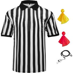 4 Pcs Men's Official Referee Costume Set Zipper Ref Shirt Stainless Whistle with Lanyard Red & Yellow Penalty Flag