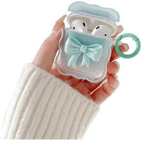 Ownest Compatible for AirPods Case Soft Clear TPU with Cute 3D Colour Bow Design Shockproof Keychain Cover for Girls Woman for Airpods 2 &1-Pink